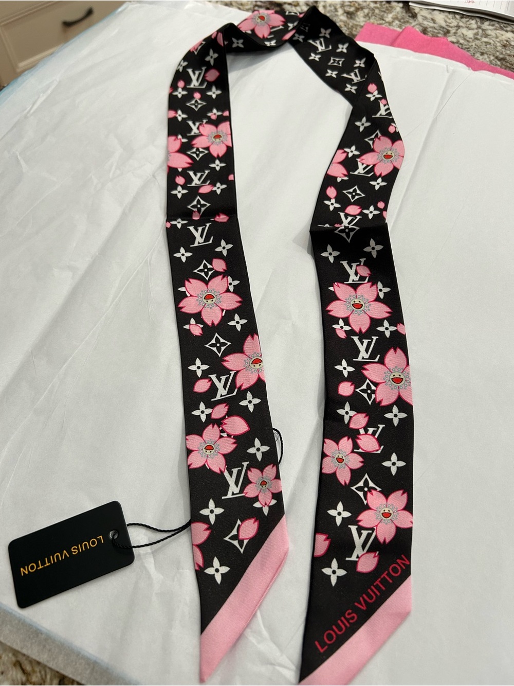 Louis Vuitton Black & Pink Floral Silk Twilly